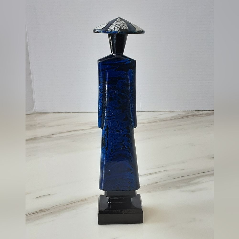 Vietnamese Ao Dai Sculptured Blue | Black Mosaic Style Lacquered Figurine 9.5" - Picture 3 of 5